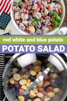 steaming the potatoes and the finished potato salad in a white serving bowl with text overlay