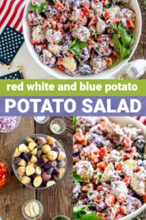 the potato salad from overhead and from the side with text overlay and the uncooked ingredients on a wooden table