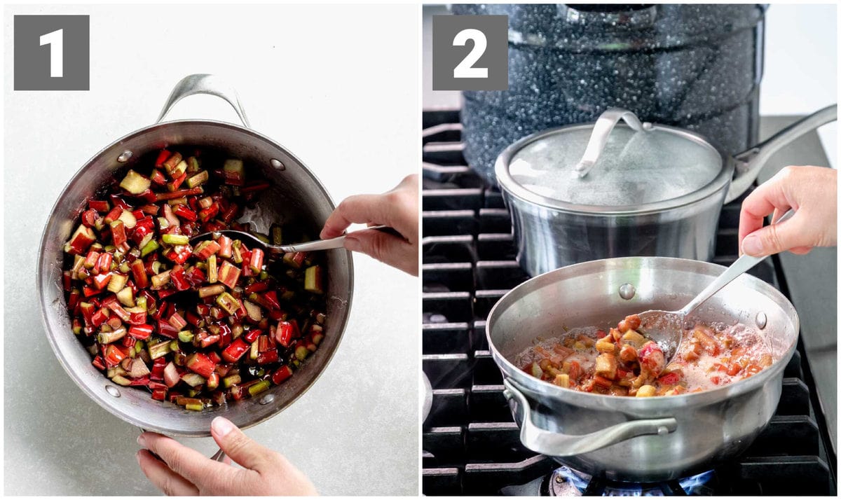 stirring the compote ingredients in the pot and then cooking it