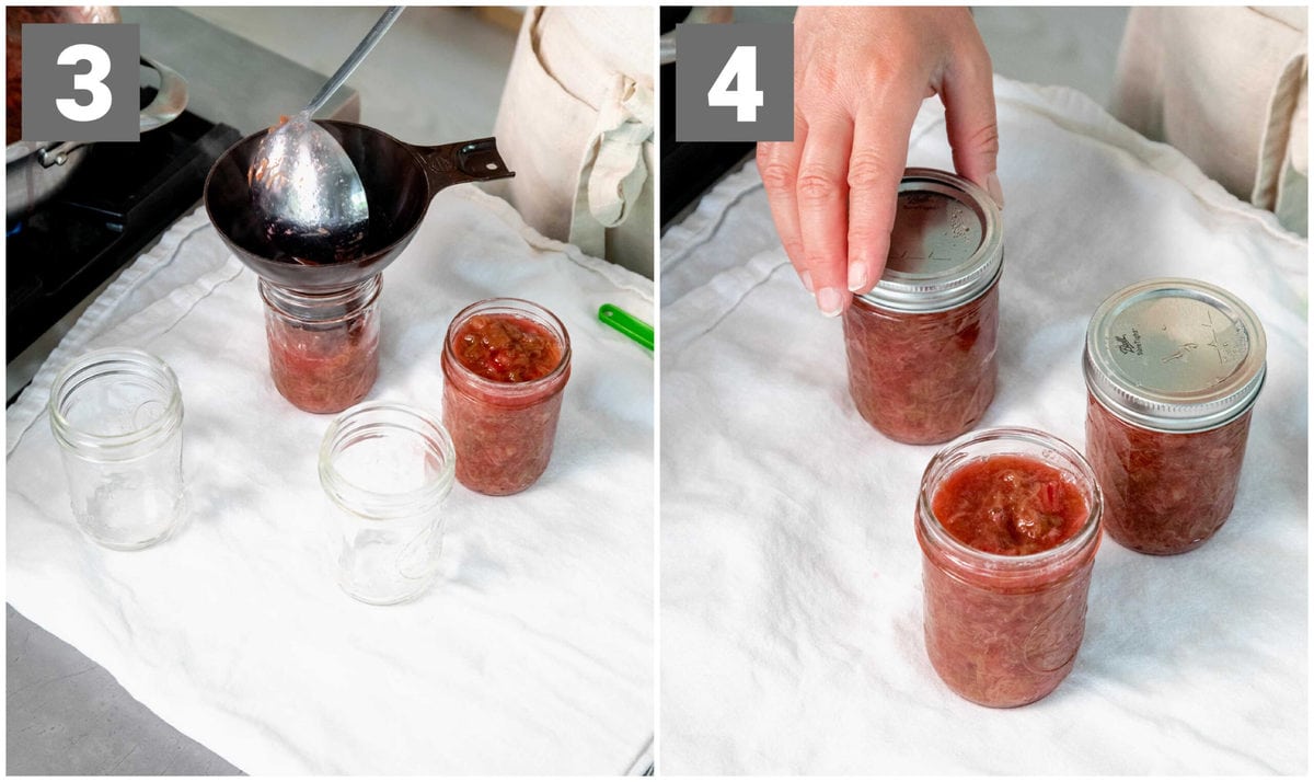 adding the compote to the sterilized jars