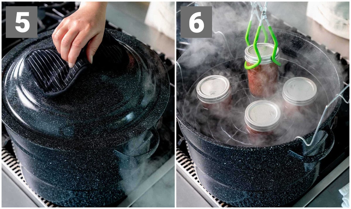 processing the jars of compote in the boiling water canner and then removing the jars with tongs