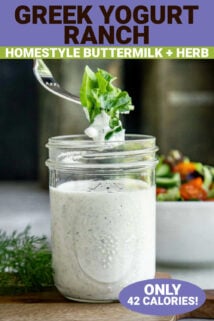 a fork dipping lettuce into a jar of ranch