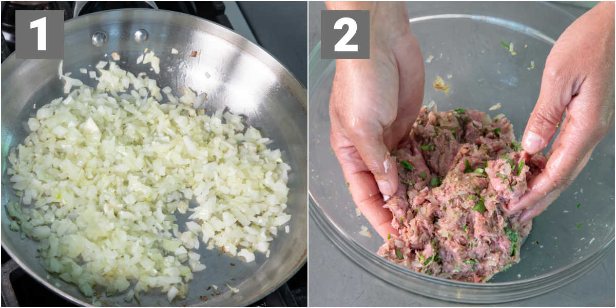 softening garlic and kneading kofta mixture