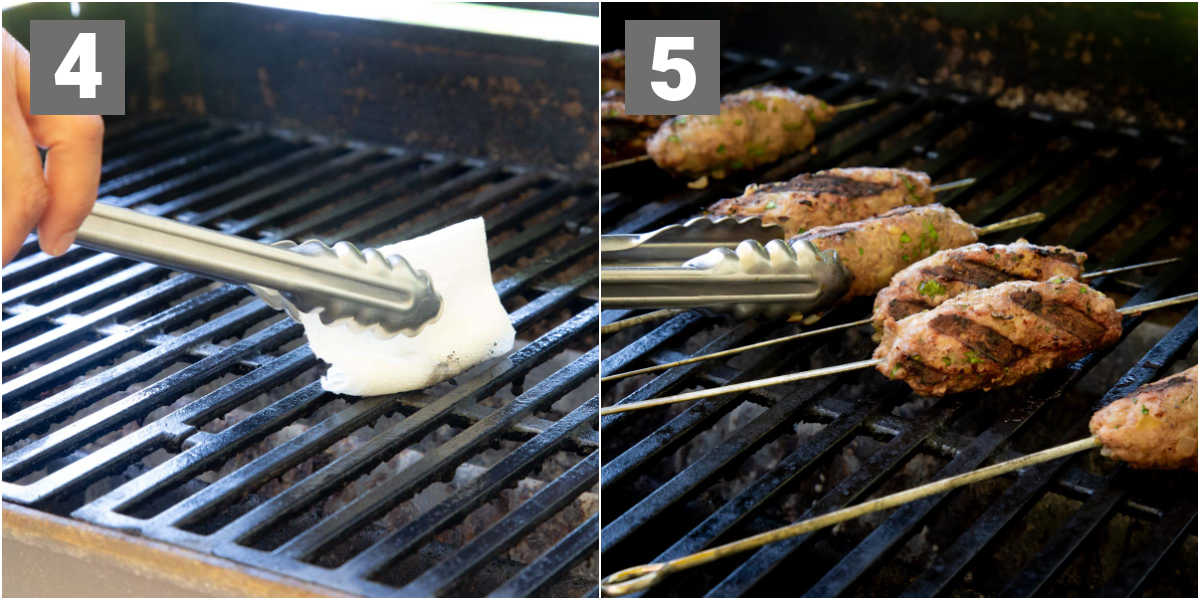 oiling the grill and grilling kofta kebabs
