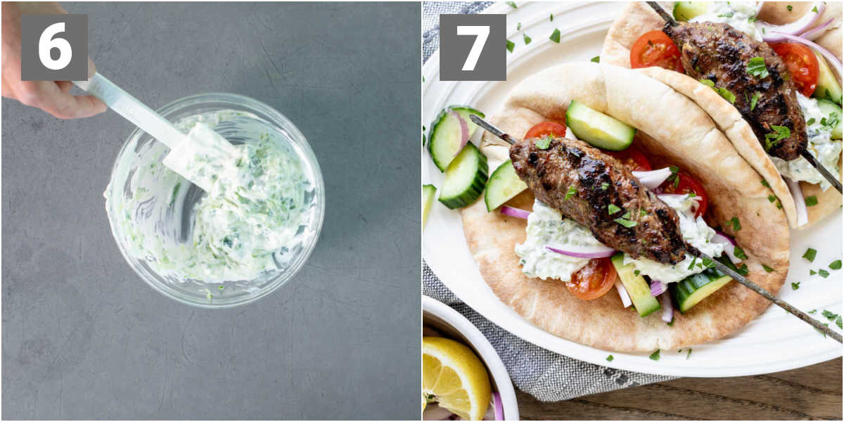 mixing tzatziki and serving it on grilled ground turkey kofta kebabs