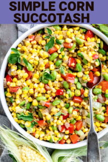 simple corn succotash with bell pepper and edamame and text overlay