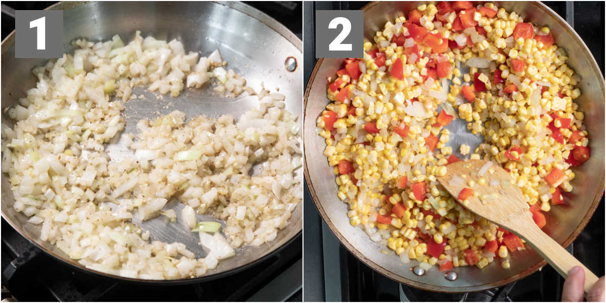 soften onion and add bell pepper and corn