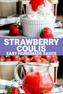 strawberry coulis in a pitcher and on ice cream