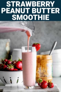pouring smoothie into a tall glass with text overlay
