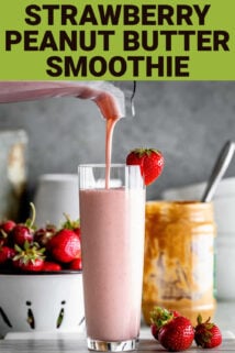 pouring smoothie into a tall glass with text overlay