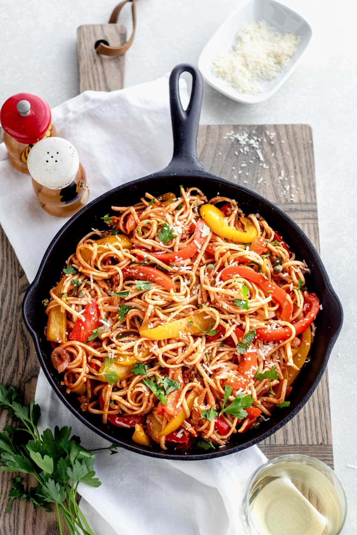 easy pasta peperonata in a skillet ready to be served