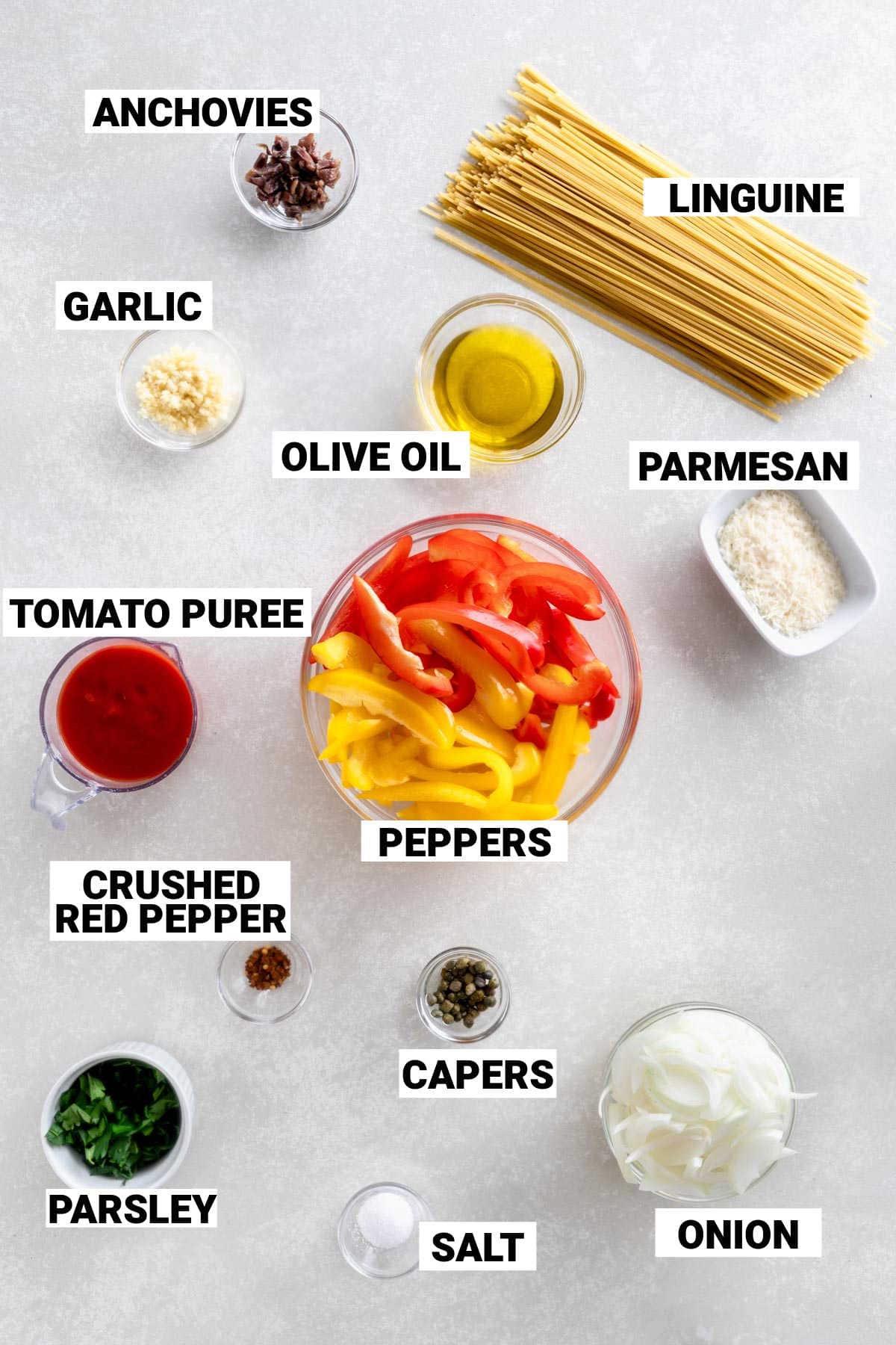 ingredients for pasta peperonata with anchovy and capers
