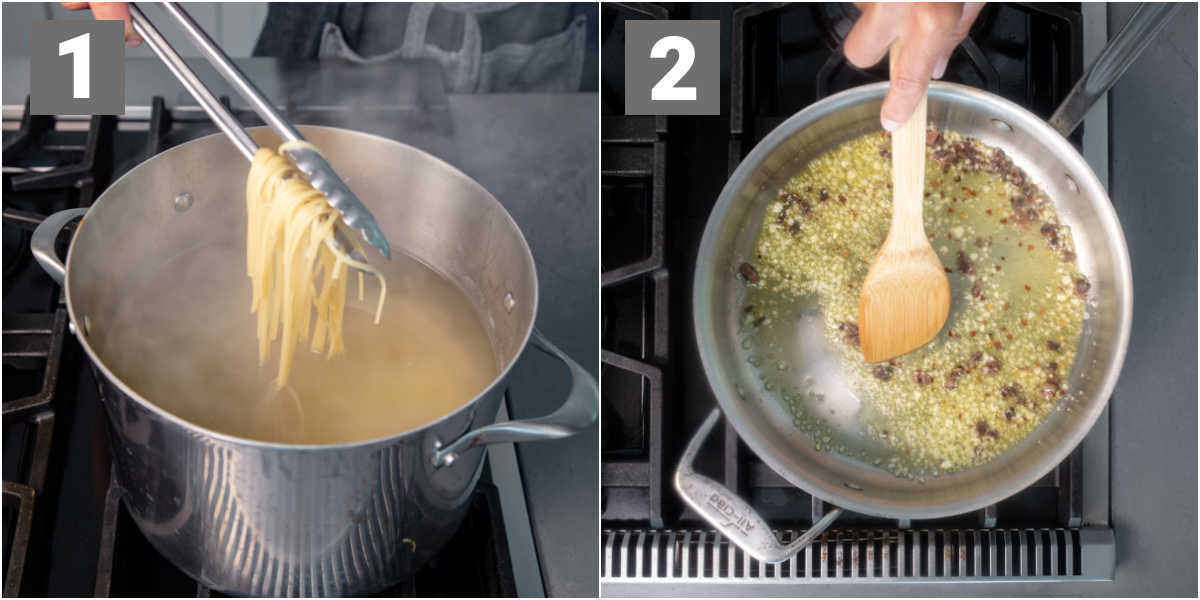 cooking pasta and then cooking anchovy in a skillet