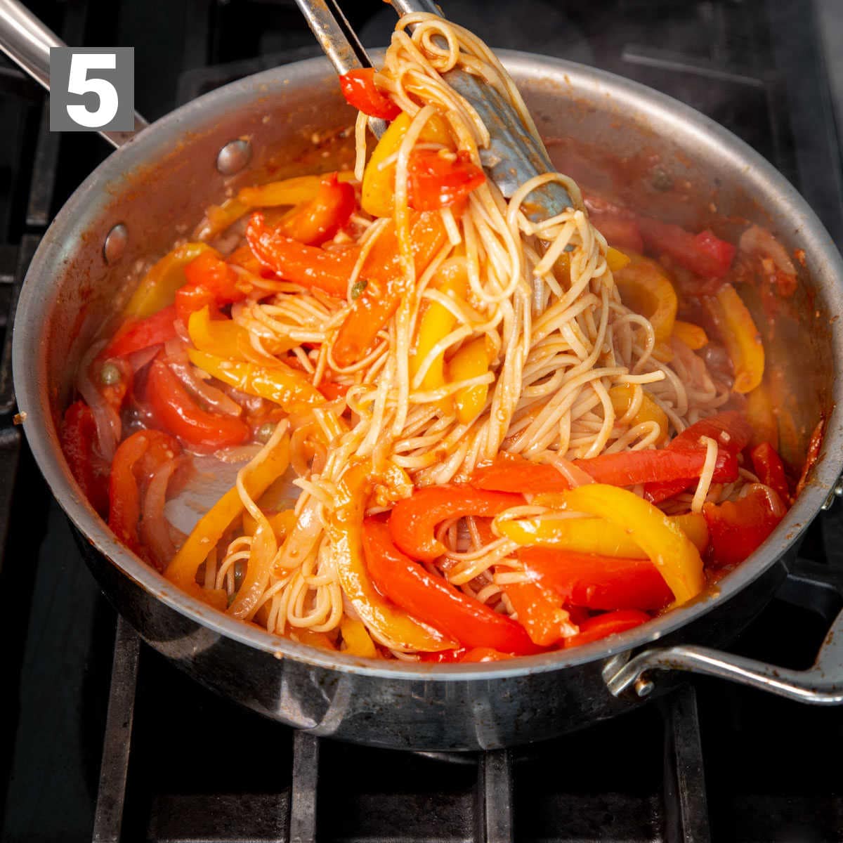 serve pasta peperonata with parmesan cheese and garnish
