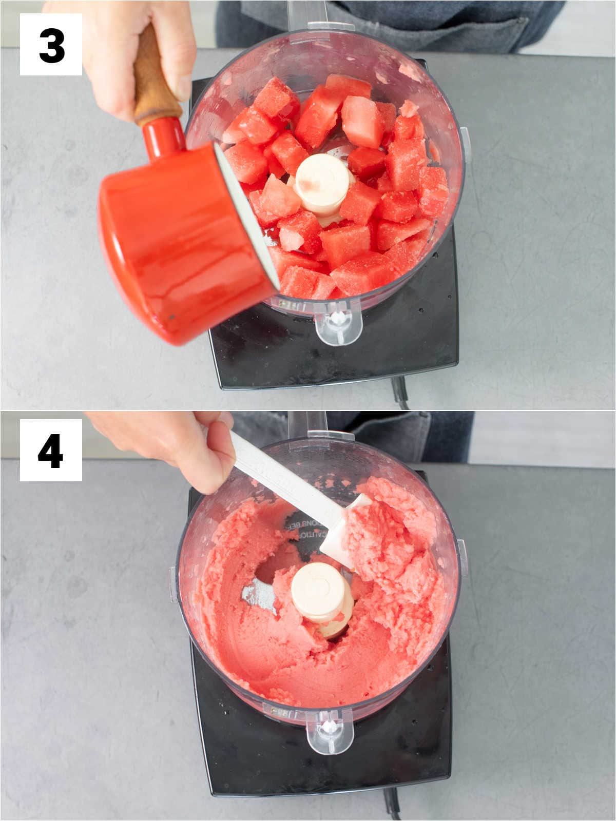 combine simple syrup and frozen watermelon in a food processor