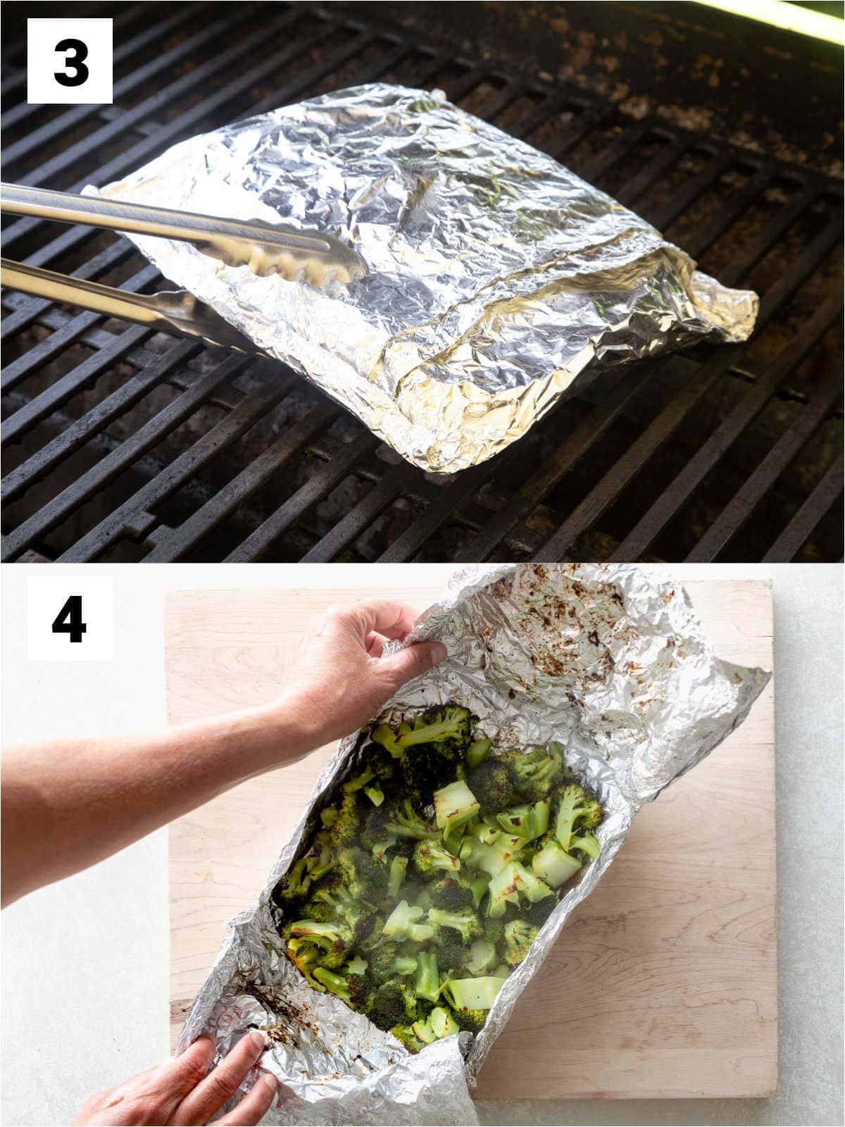 grilling a packet of broccoli wrapped in foil and turning it with tongs, an then carefully opening the foil to allow the steam to release