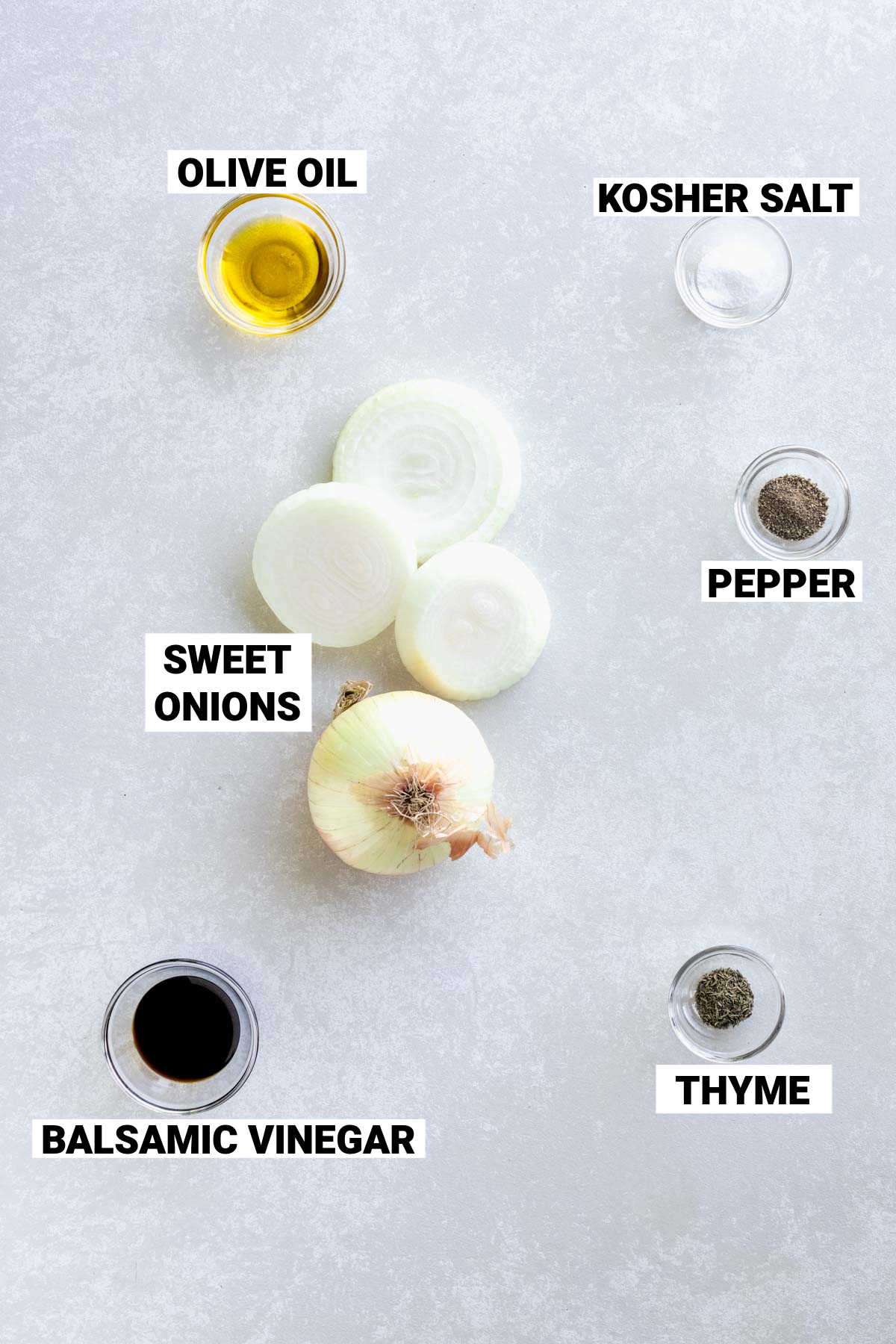 ingredients to make easy grilled onions with balsamic vinegar and thyme