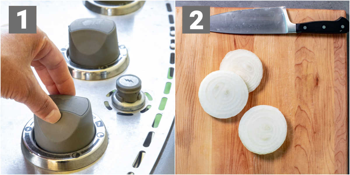 preheating the grill and slicing onions