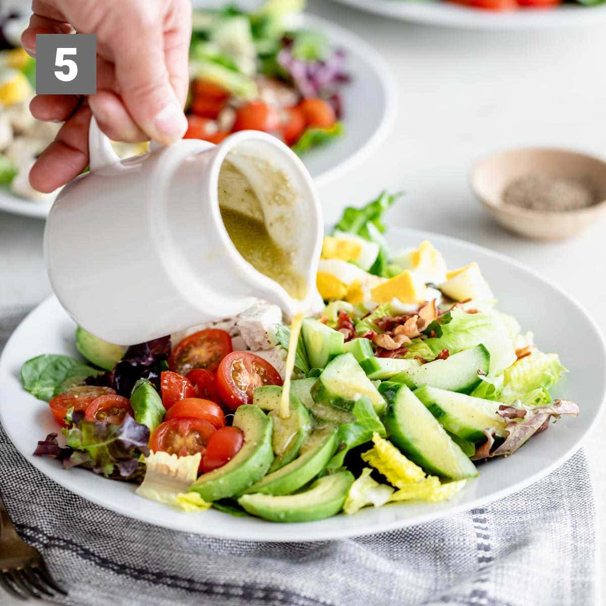 pour the dressing over the salads just before serving