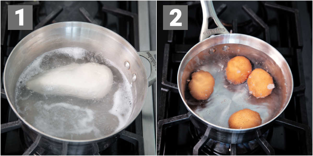 poach the chicken and boil the eggs