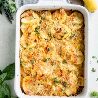 summer squash casserole with breadcrumbs, italian cheese, and parmesan