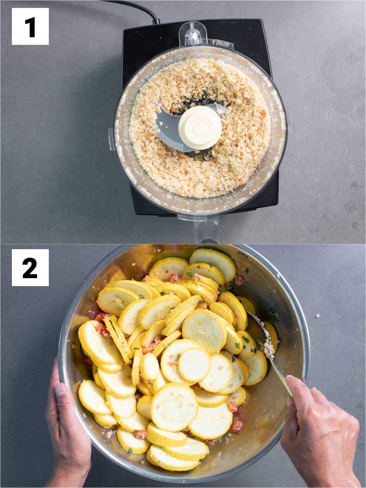 making breadcrumb mixture and mixing it with summer squash and cheese