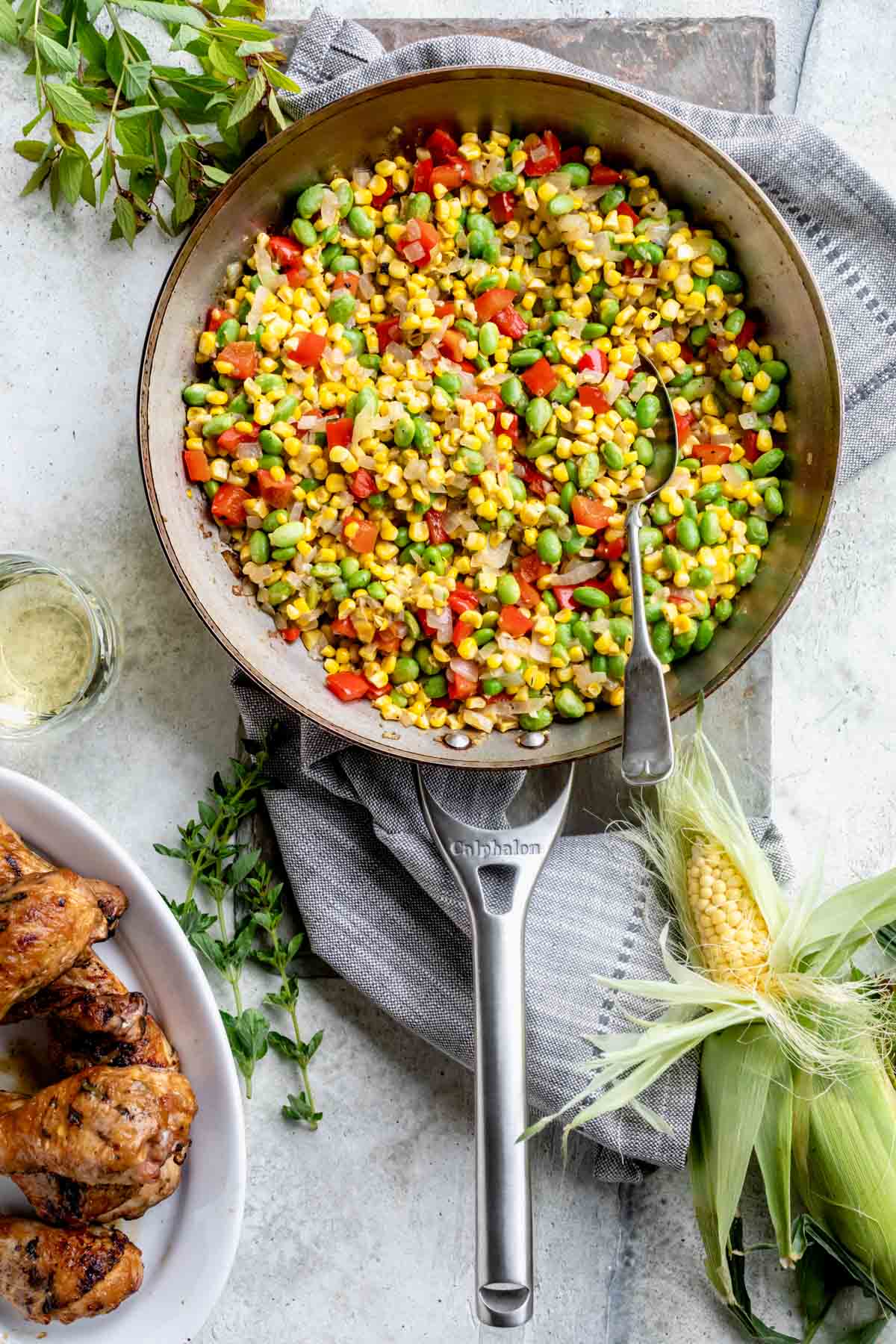 finished corn succotash with lima beans, edamame, and bell pepper