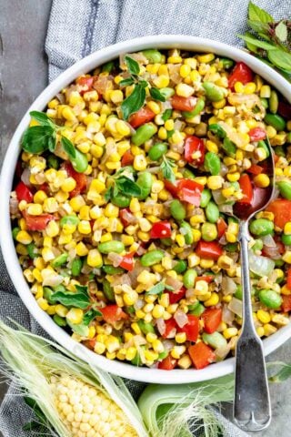 simple corn succotash made with bell pepper and edamame