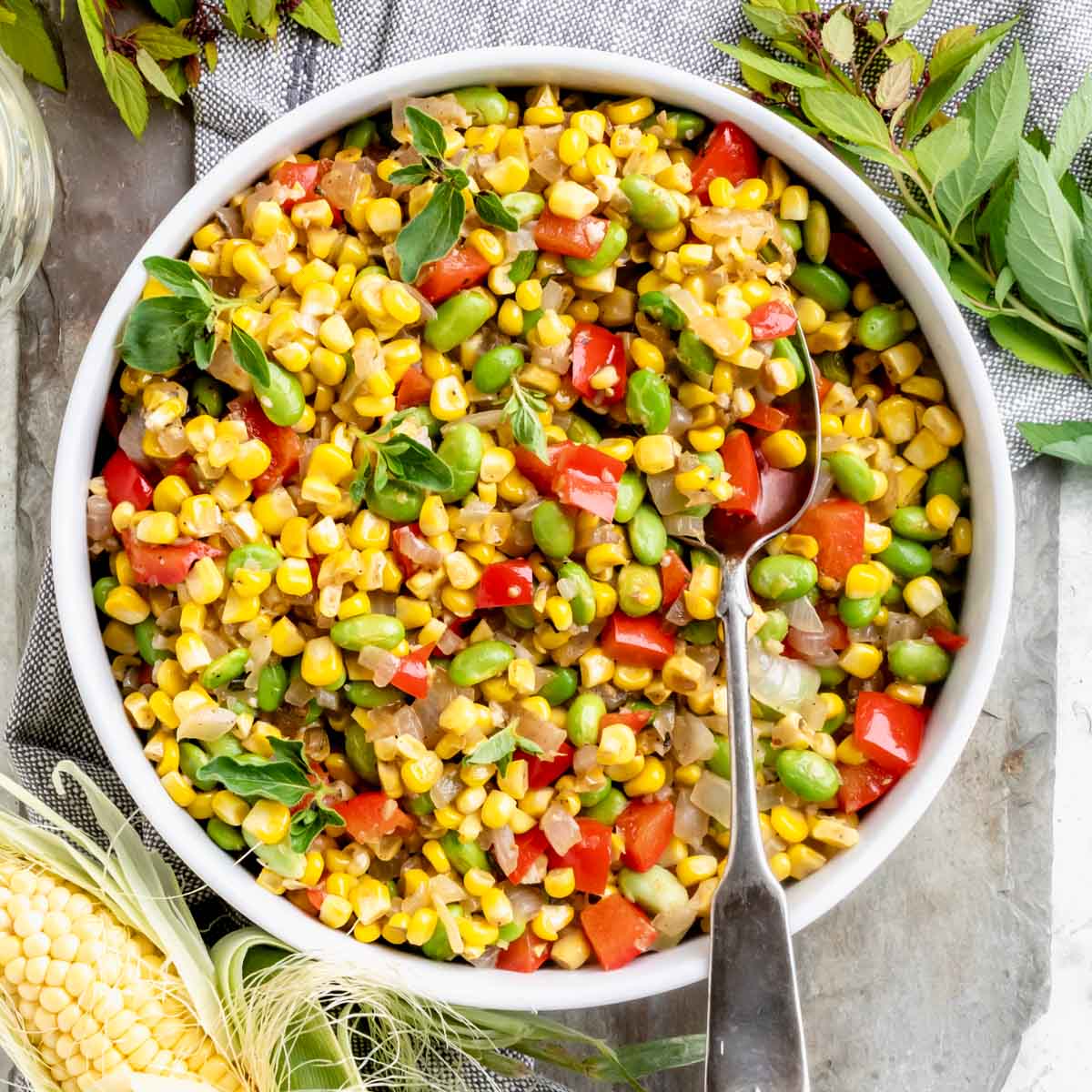 corn succotash with edamame and bell pepper