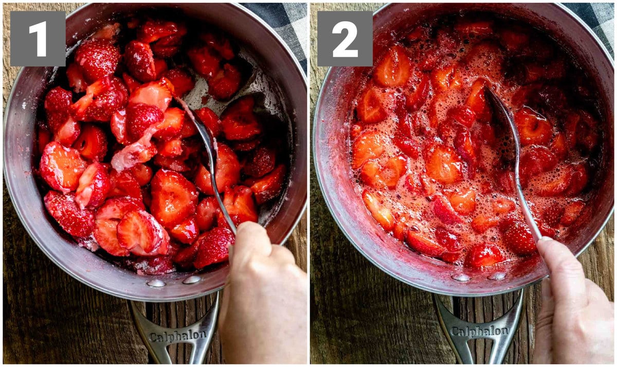 stir the strawberries with the sugar in a saucepan then simmer