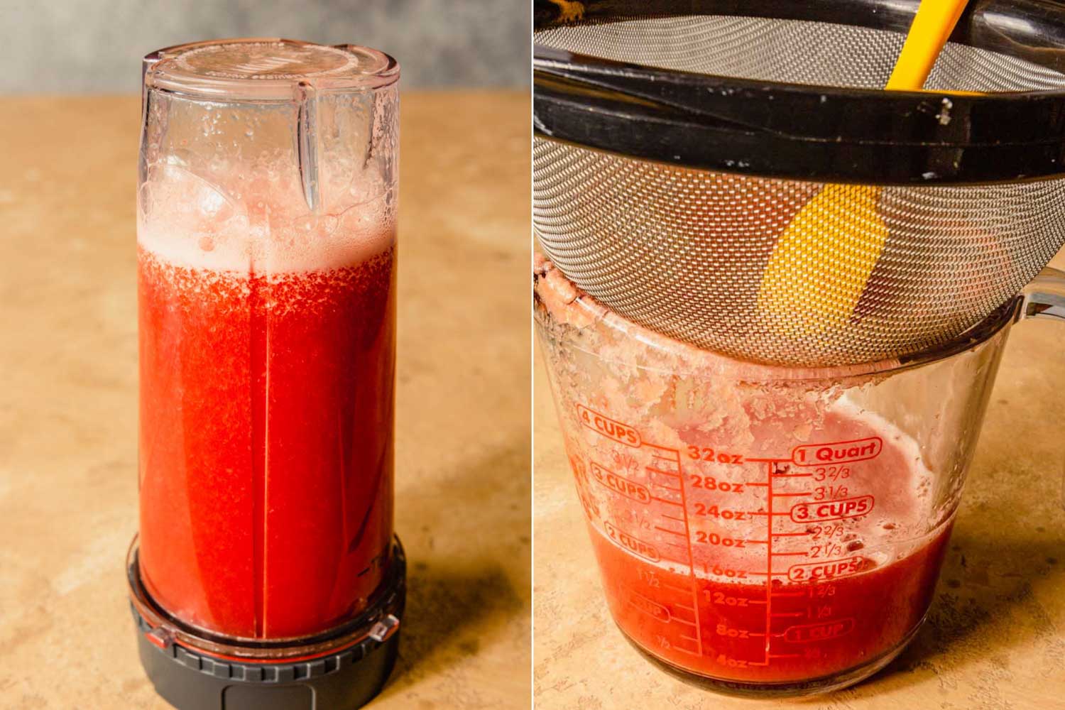 two images, one with watermelon juice in a blender bottle and two watermelon juice being passed through a sieve into a liquid measuring cup