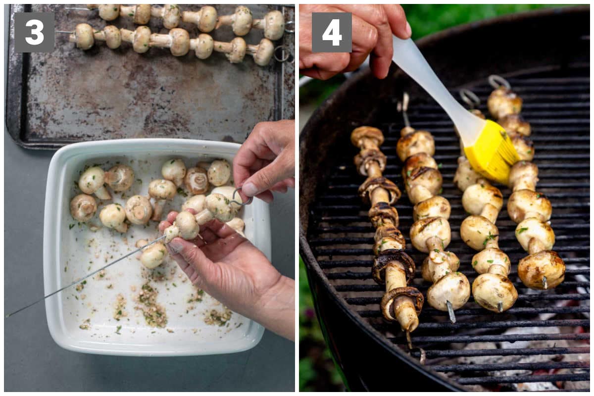 skewered mushrooms on the grill