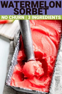watermelon sorbet being scooped out of a pan