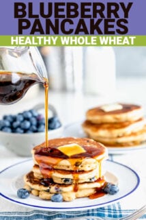 whole wheat blueberry pancakes with text overlay