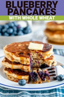 whole wheat blueberry pancakes with a bit taken out of them