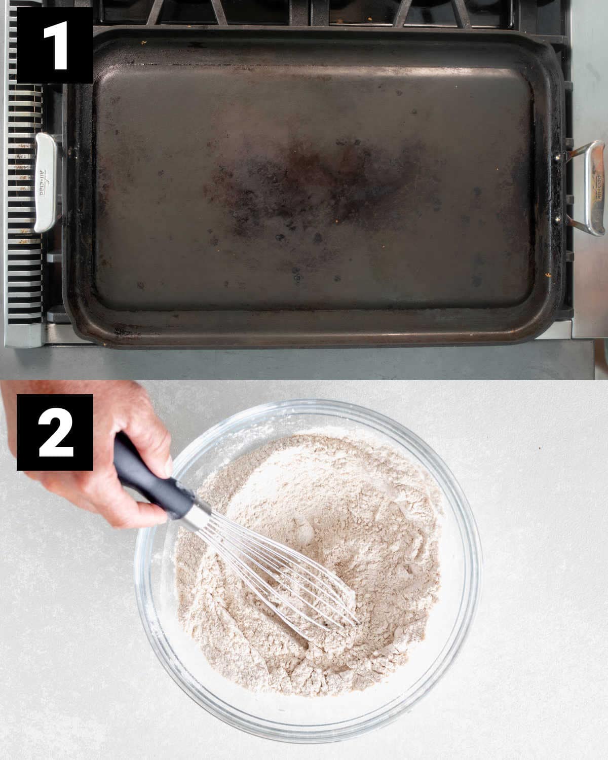 preheat the griddle and combine dry ingredients