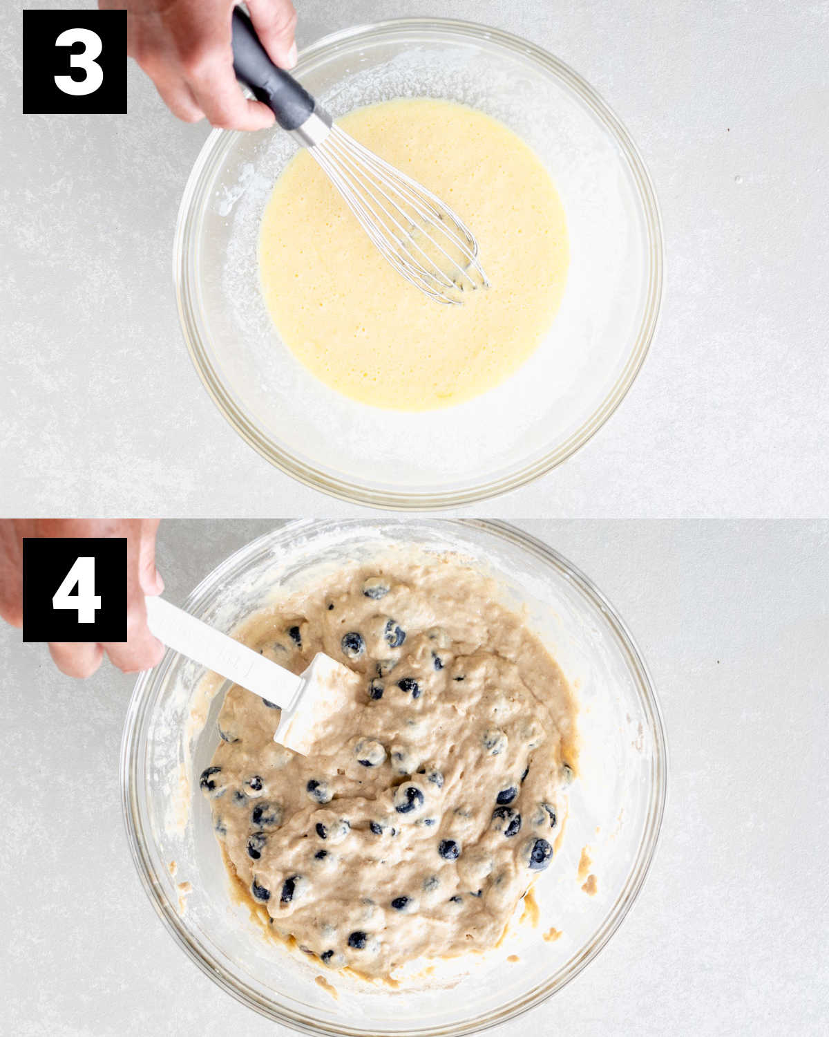 combine the wet ingredients and then add the dry ingredients and blueberries
