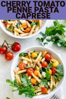cherry tomato penne pasta caprese with text overlay