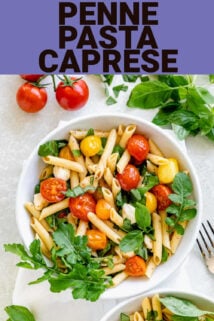 penne pasta caprese with text overlay