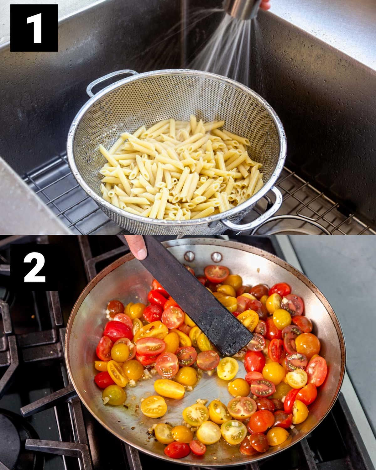 rinse penne pasta and cook tomato mixture