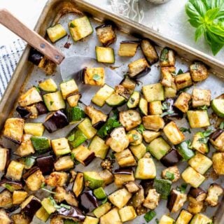 roasted eggplant and zucchini on a sheet pan