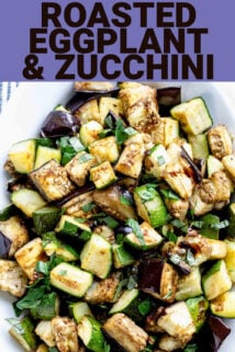 roasted eggplant and zucchini with text overlay