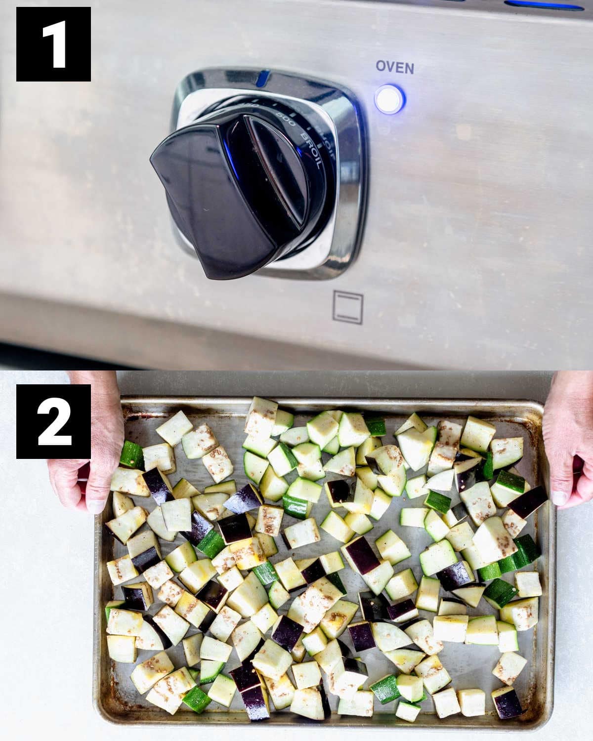preheat the oven and toss the eggplant and zucchini in seasonings