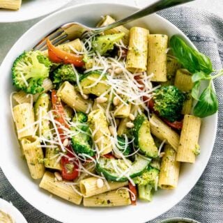 veggie pesto pasta with parmesan on top