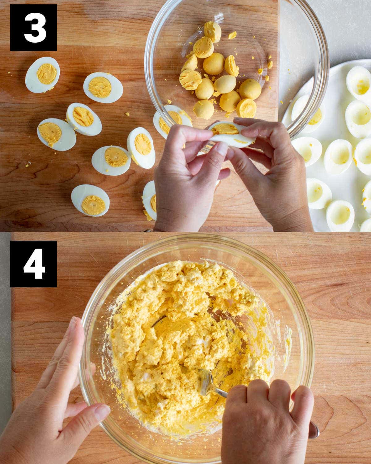 put yolks into a bowl and then make the egg yolk filling