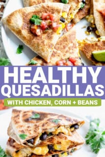 two photos collaged together of the chicken quesadillas sliced into portions with text overlay