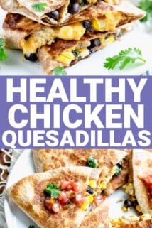 two photos collaged together of the chicken quesadillas sliced into portions with text overlay