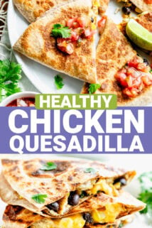 two photos collaged together of the chicken quesadillas sliced into portions with text overlay
