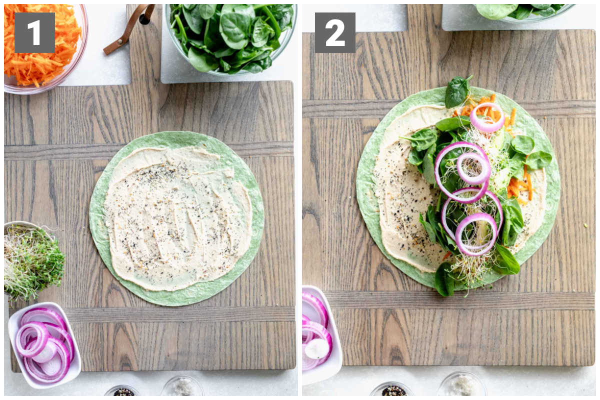 spreading the hummus on the wrap and then with the veggies on top before it is rolled