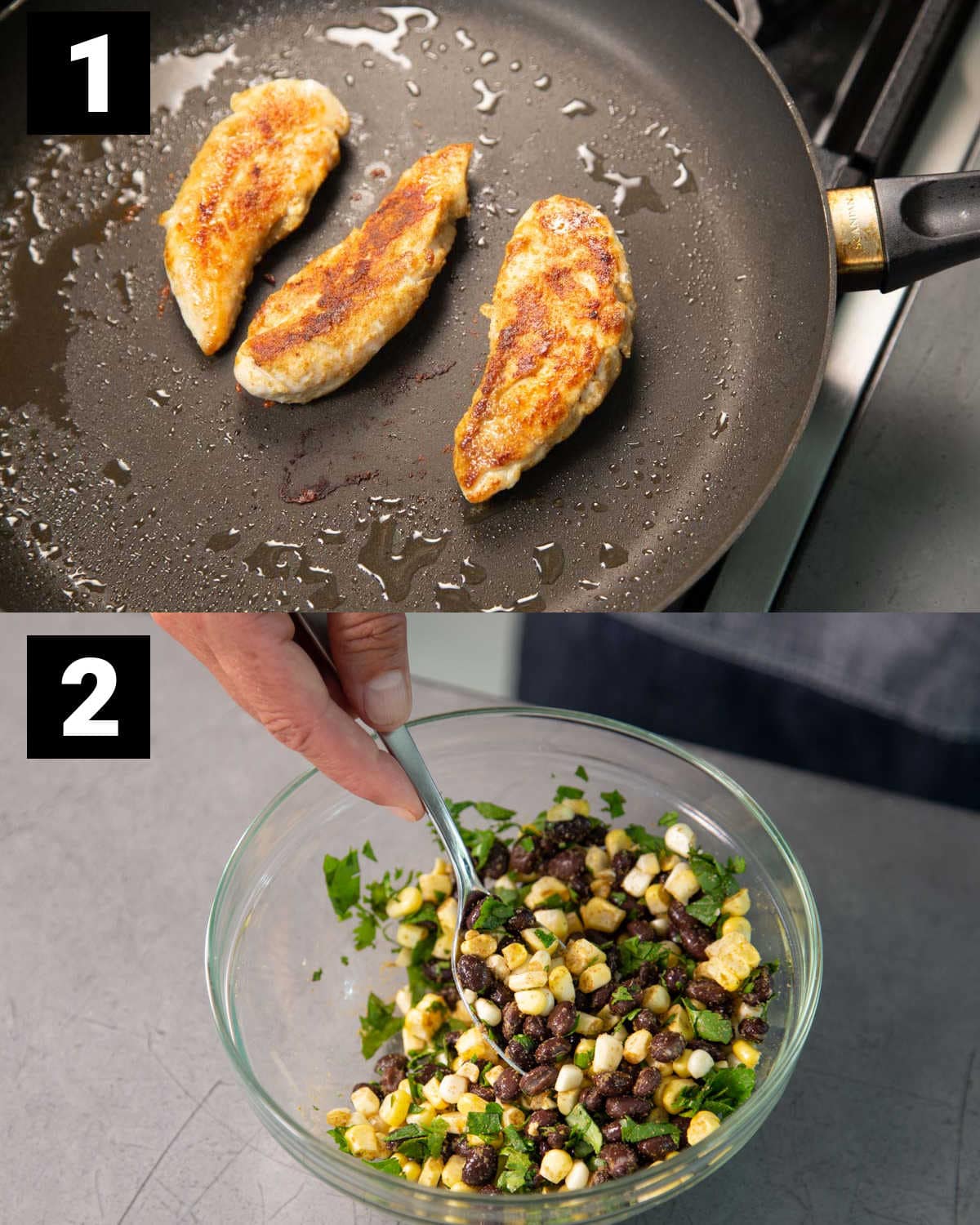 make the chicken and mix together beans and corn